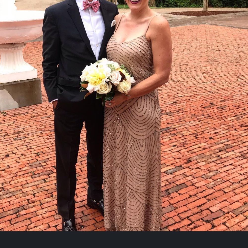 Adriana Papalle Art Deco Gold Nude Dress